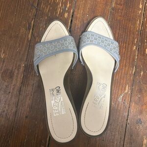 Ferragamo blue wedge slip on sandals